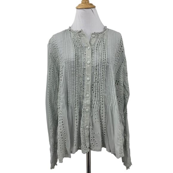 Johnny Was Blouse Women L Large Grey Sveta Eyelet Embroidered Pintuck Rayon Top - Picture 1 of 11